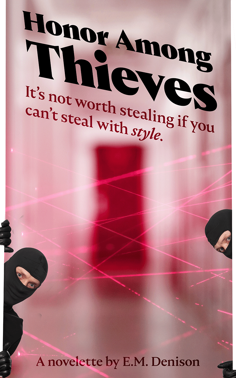 Book cover showing the title over an image of two goofy looking thieves peeking around the corner of a hallway full of security laser beams being shown by fog down a hallway in the middle of the day with a red door at the end.